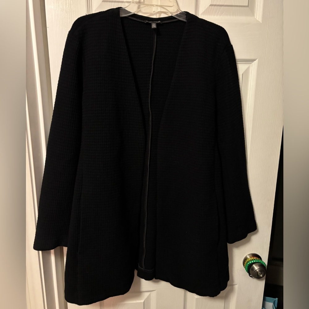 Eileen Fisher Waffle Knit Black Open Front Cardigan